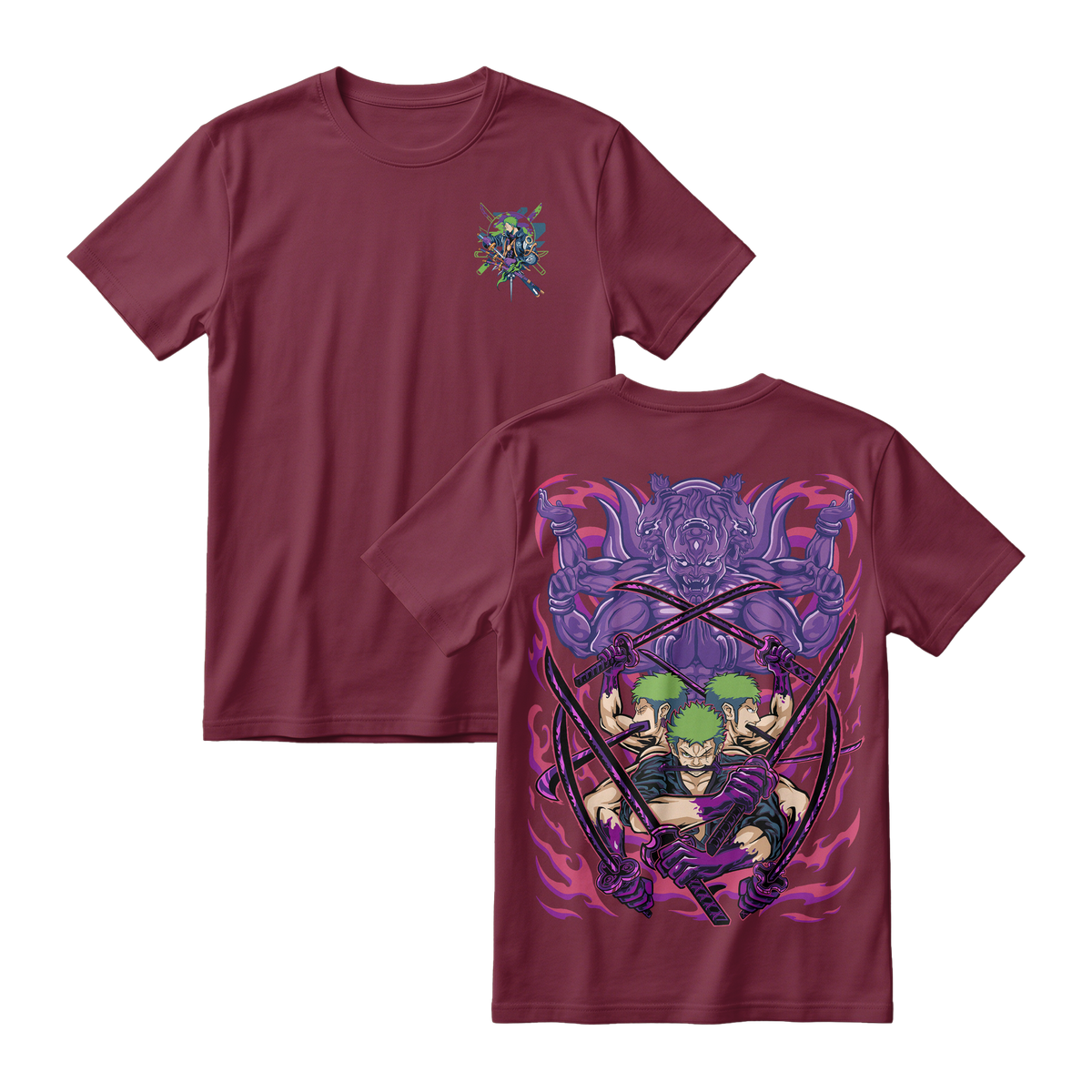 Anime One Piece Roronoa Zoro Short Sleeve Tee - BURGUNDY