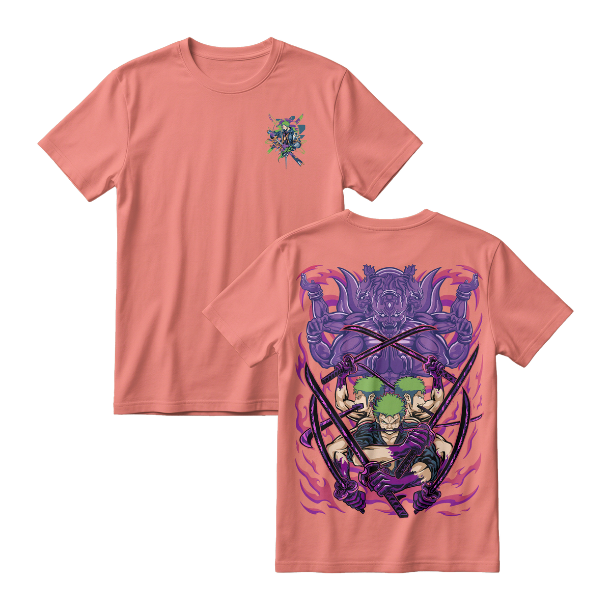 Anime One Piece Roronoa Zoro Short Sleeve Tee - CORAL