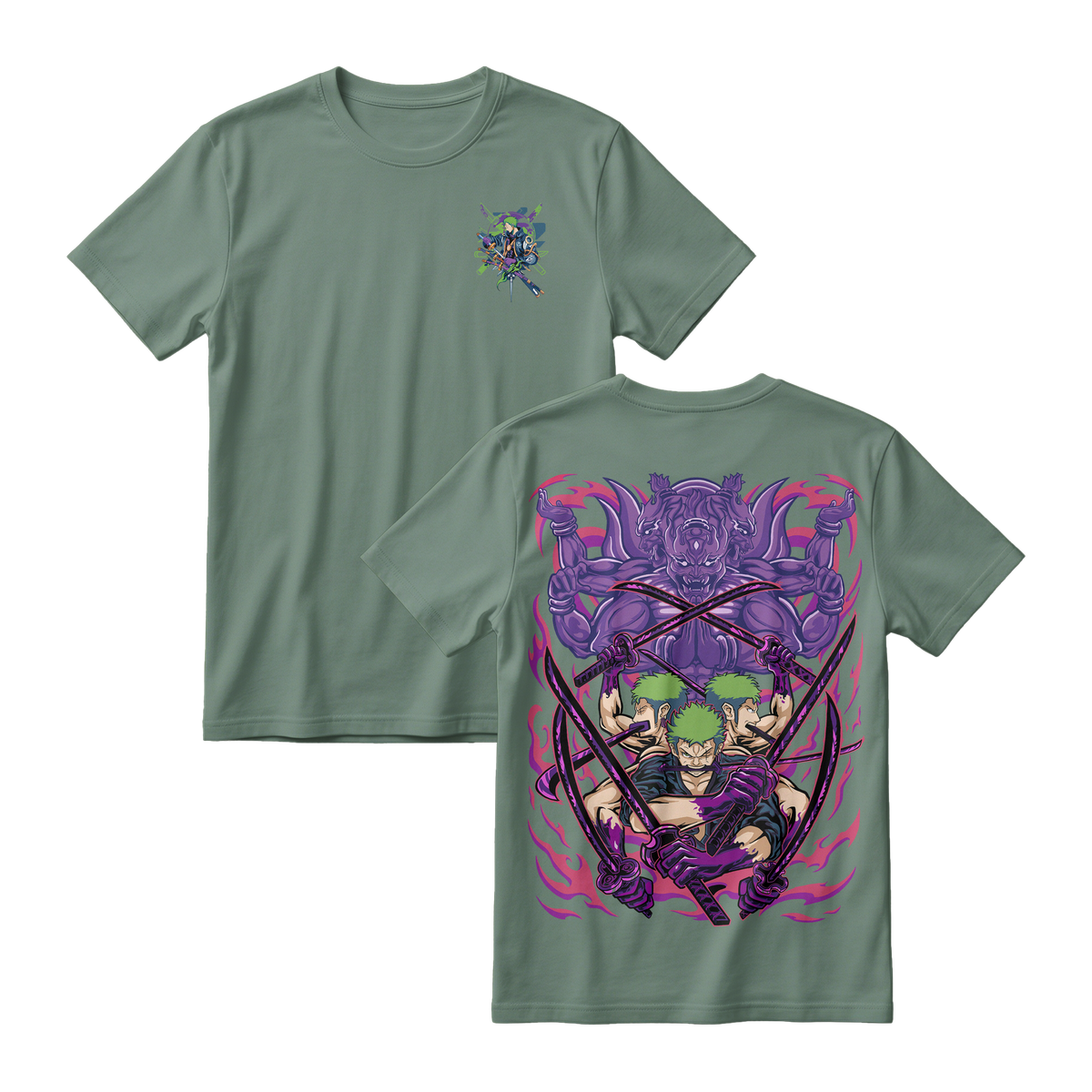 Anime One Piece Roronoa Zoro Short Sleeve Tee - GREEN-ALGAE