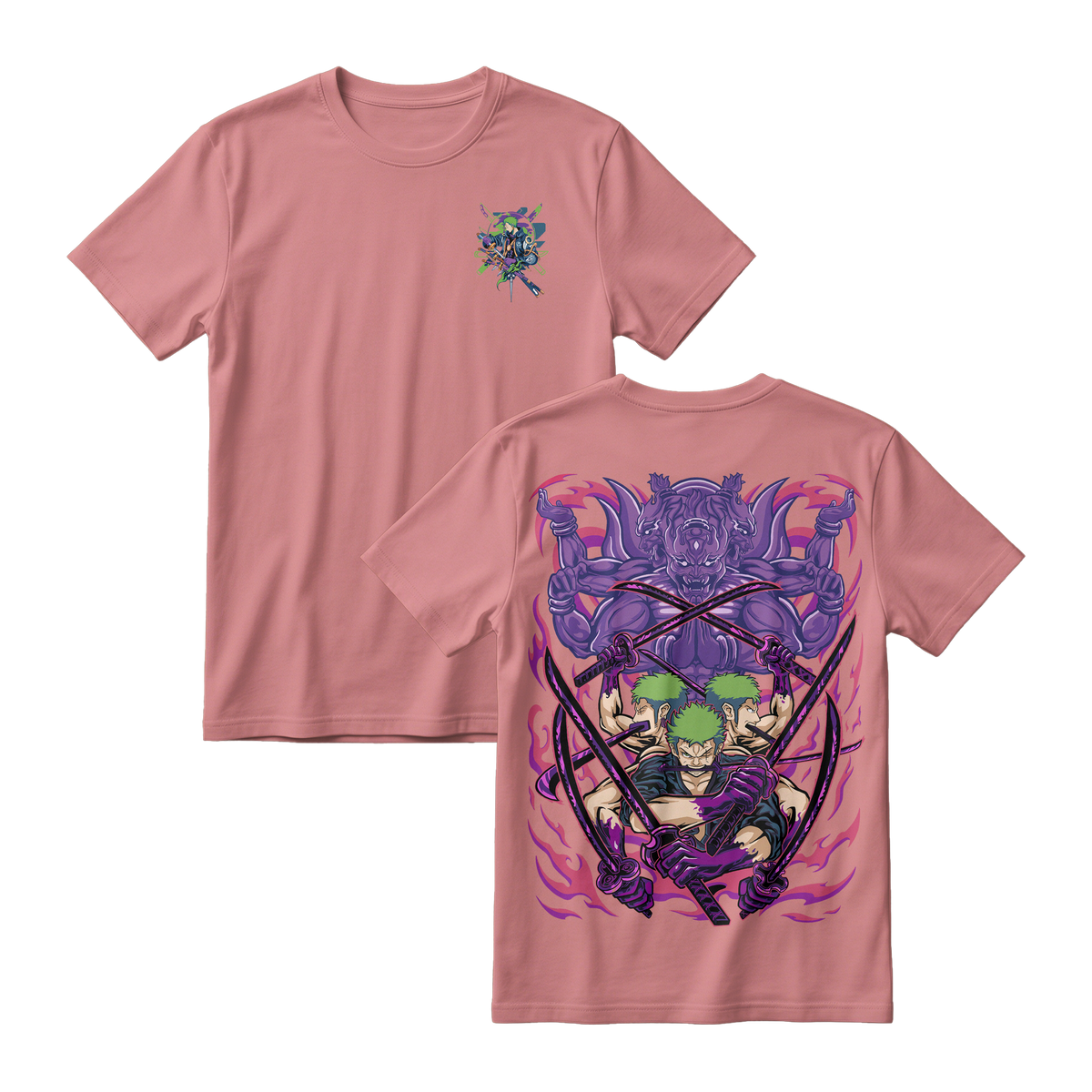 Anime One Piece Roronoa Zoro Short Sleeve Tee - PASTEL-PINK