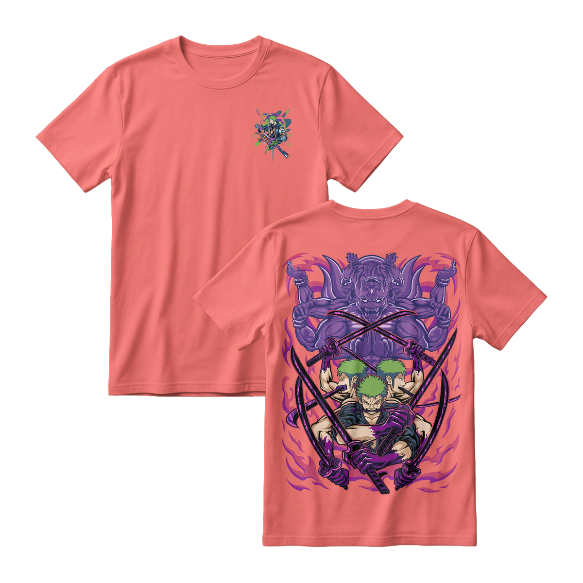 Anime One Piece Roronoa Zoro Short Sleeve Tee - SALMON