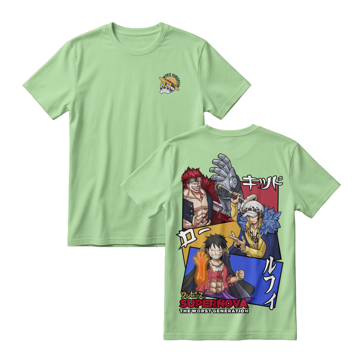 Anime One Piece Supernova The Worst Generation Short Sleeve Tee - AVOCADO