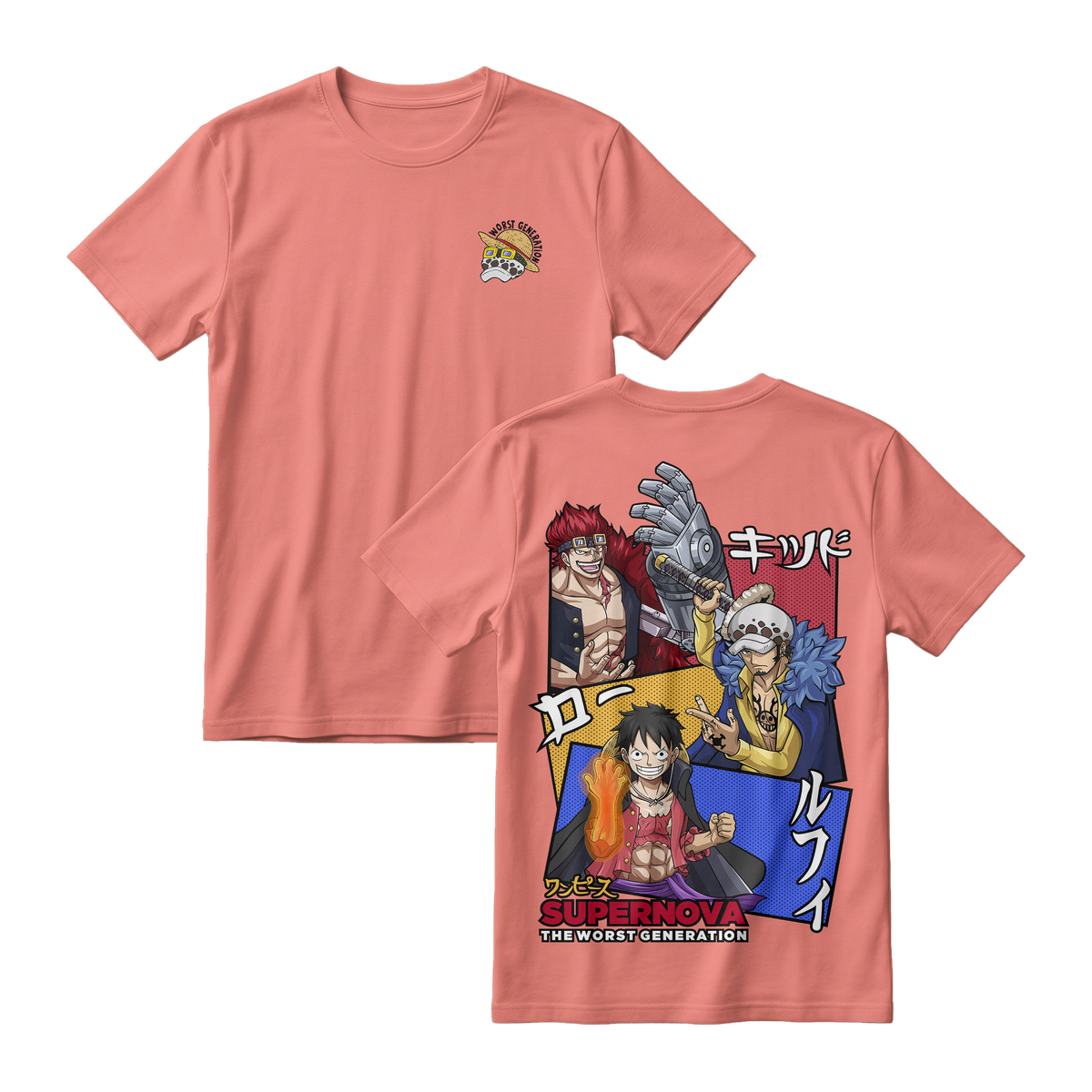  Anime One Piece Supernova The Worst Generation Short Sleeve Tee - CORAL