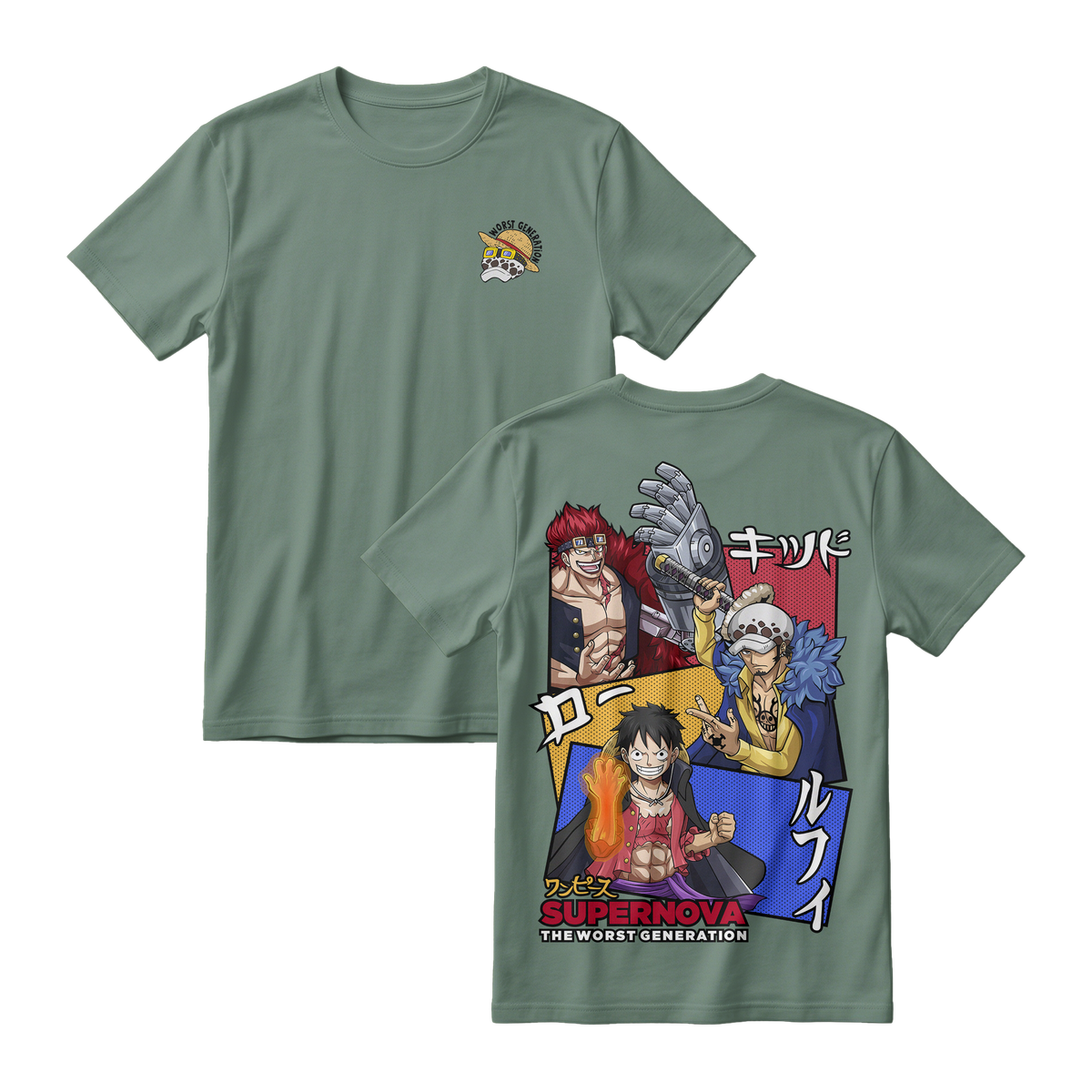 Anime One Piece Supernova The Worst Generation Short Sleeve Tee - GREEN-ALGAE