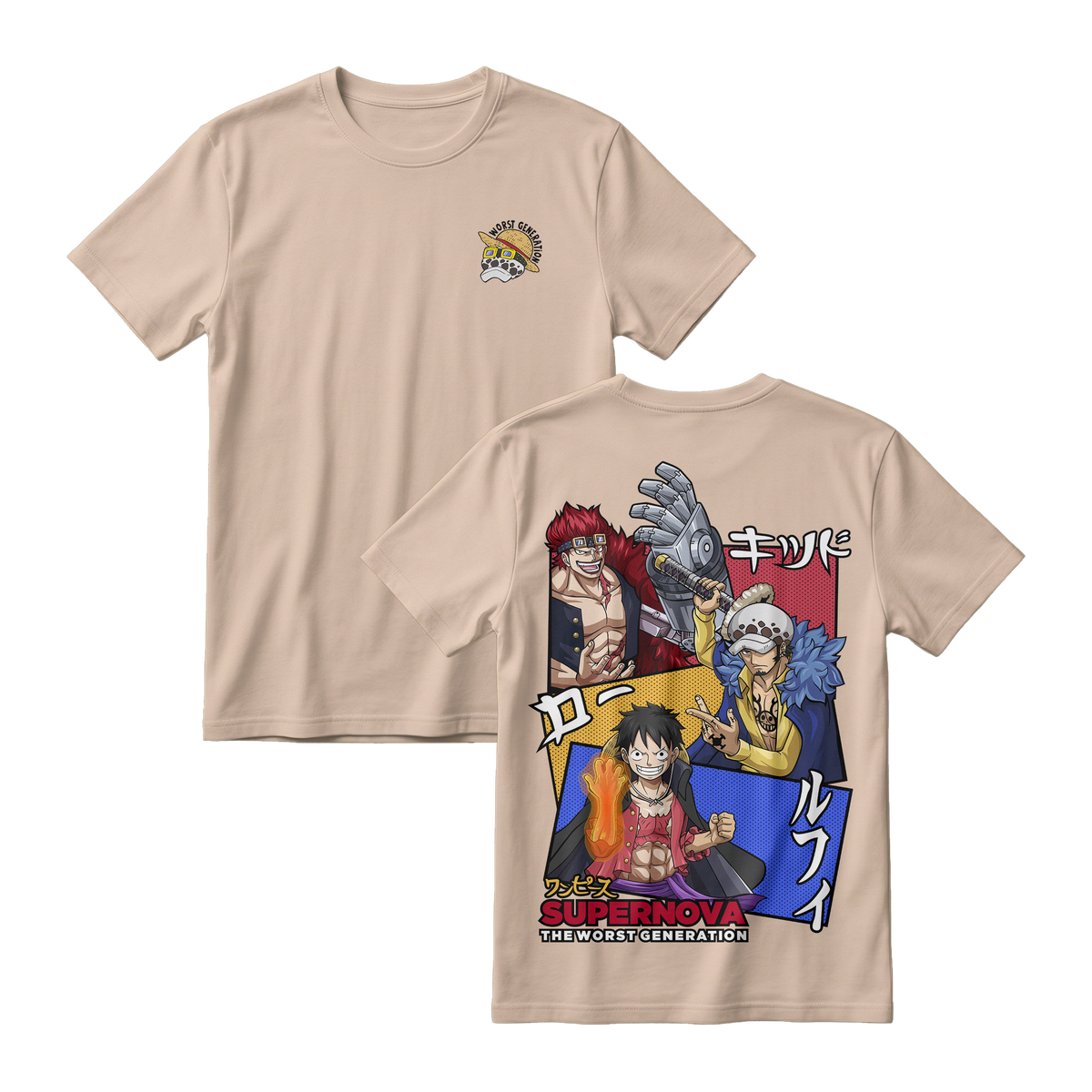 Anime One Piece Supernova The Worst Generation Short Sleeve Tee - KHAKI