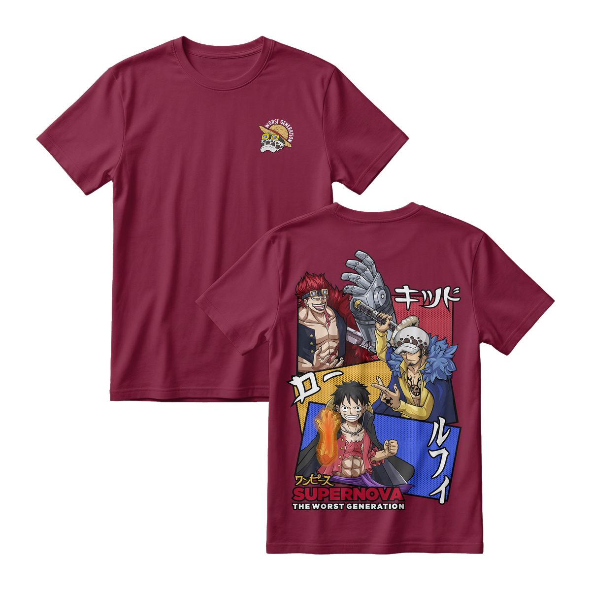Anime One Piece Supernova The Worst Generation Short Sleeve Tee - MAROON