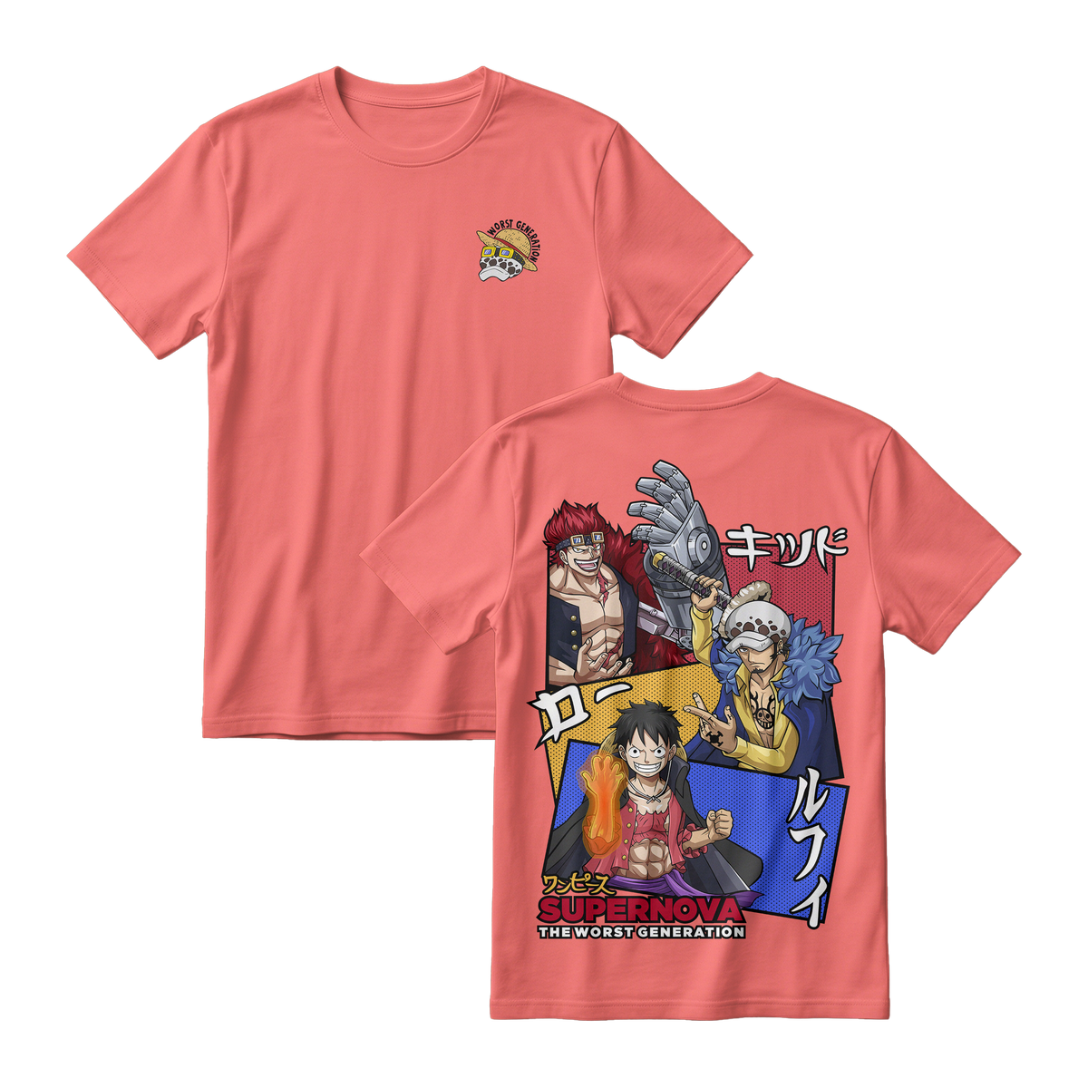Anime One Piece Supernova The Worst Generation Short Sleeve Tee - SALMON