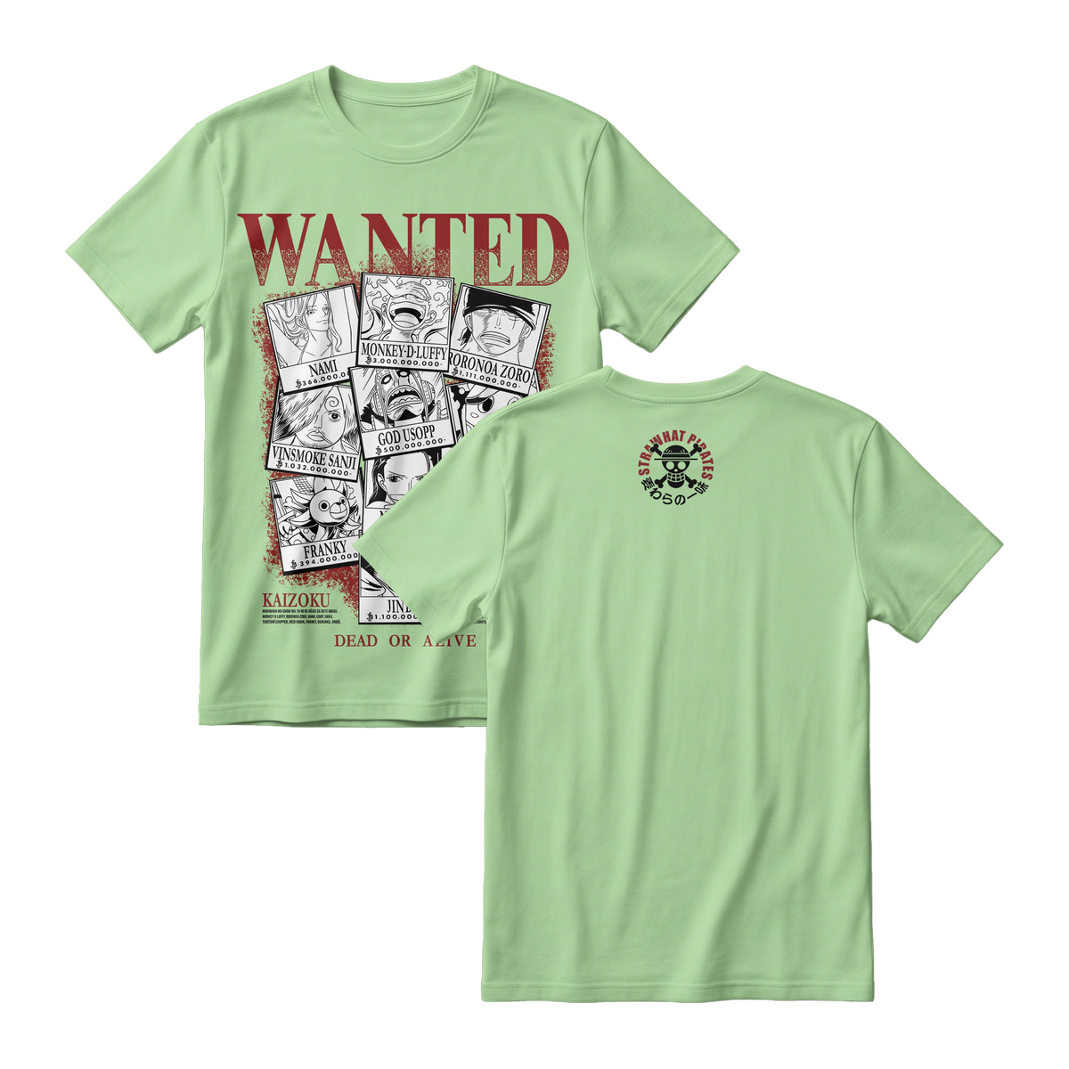 Anime One Piece Wanted Mugiwara Crew Short Sleeve Tee -  AVOCADO