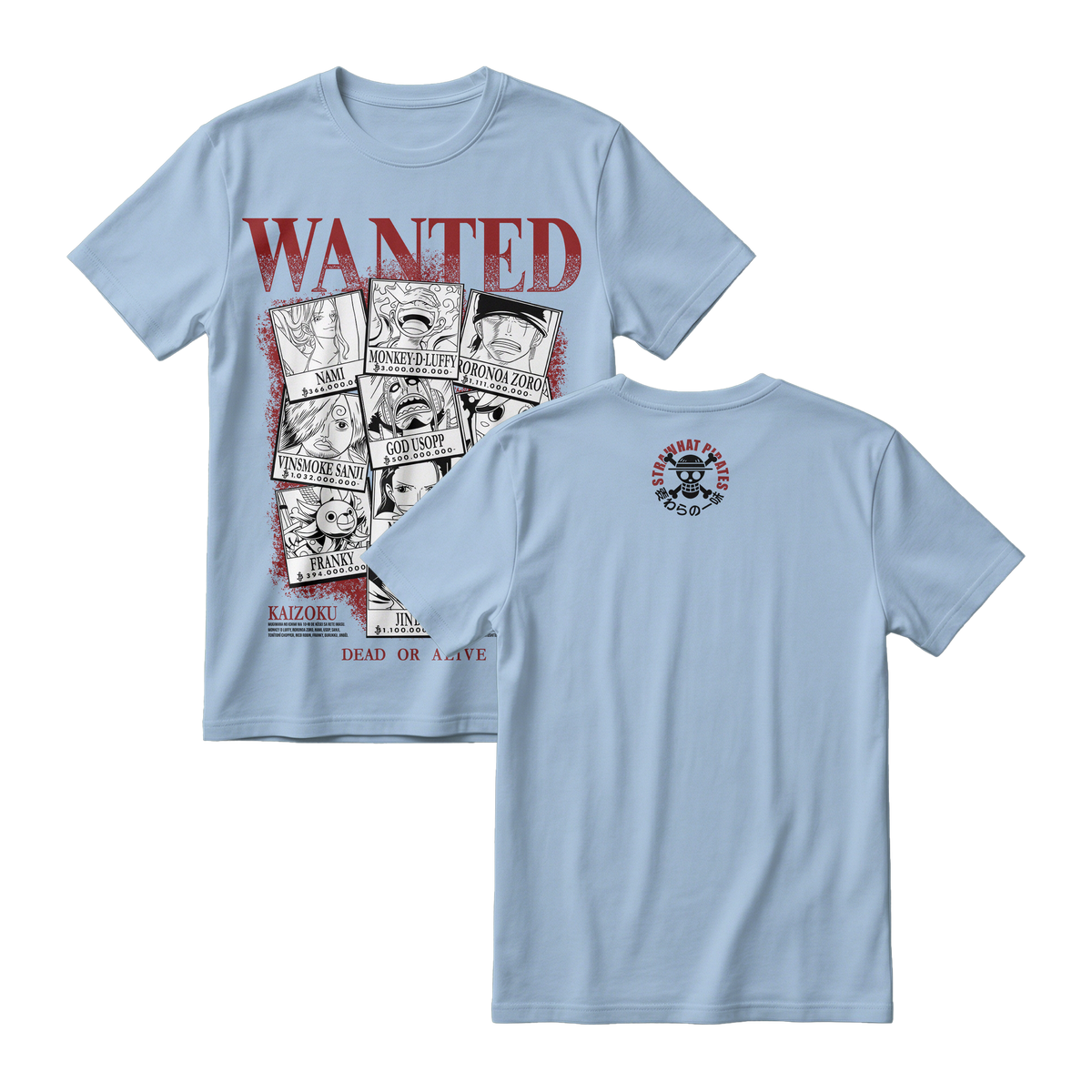 Anime One Piece Wanted Mugiwara Crew Short Sleeve Tee -  BABY-BLUE