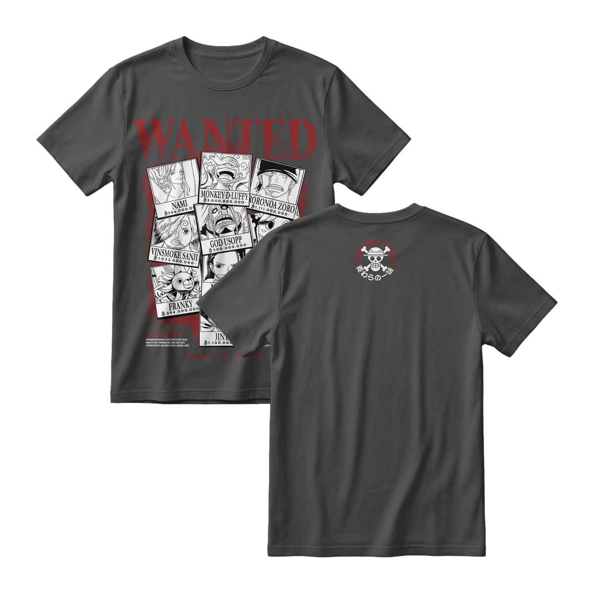 Anime One Piece Wanted Mugiwara Crew Short Sleeve Tee -  BLACK-JELLY