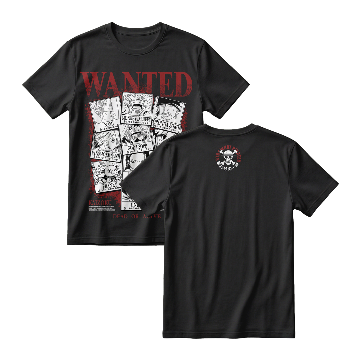 Anime One Piece Wanted Mugiwara Crew Short Sleeve Tee -  BLACK