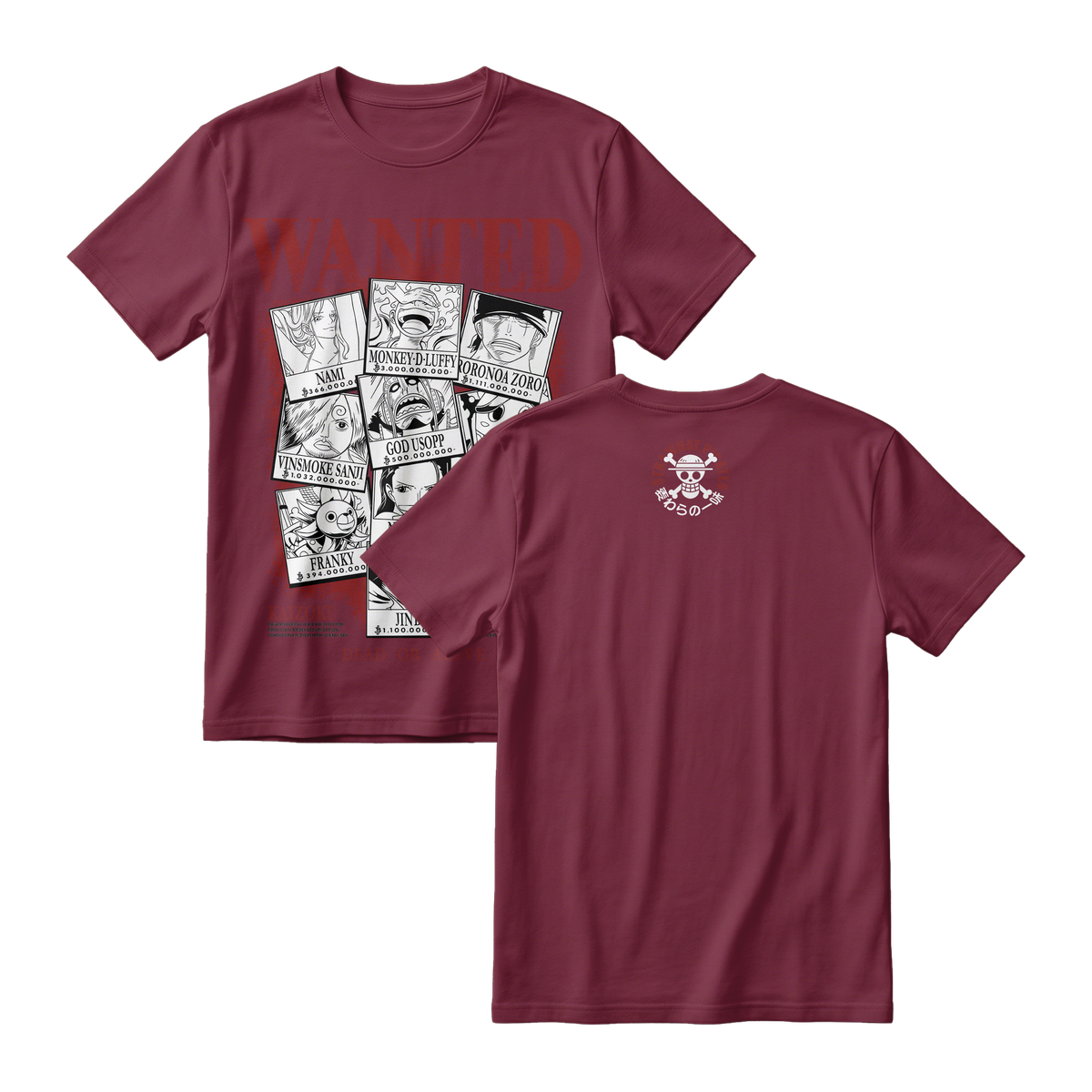 Anime One Piece Wanted Mugiwara Crew Short Sleeve Tee -  BURGUNDY