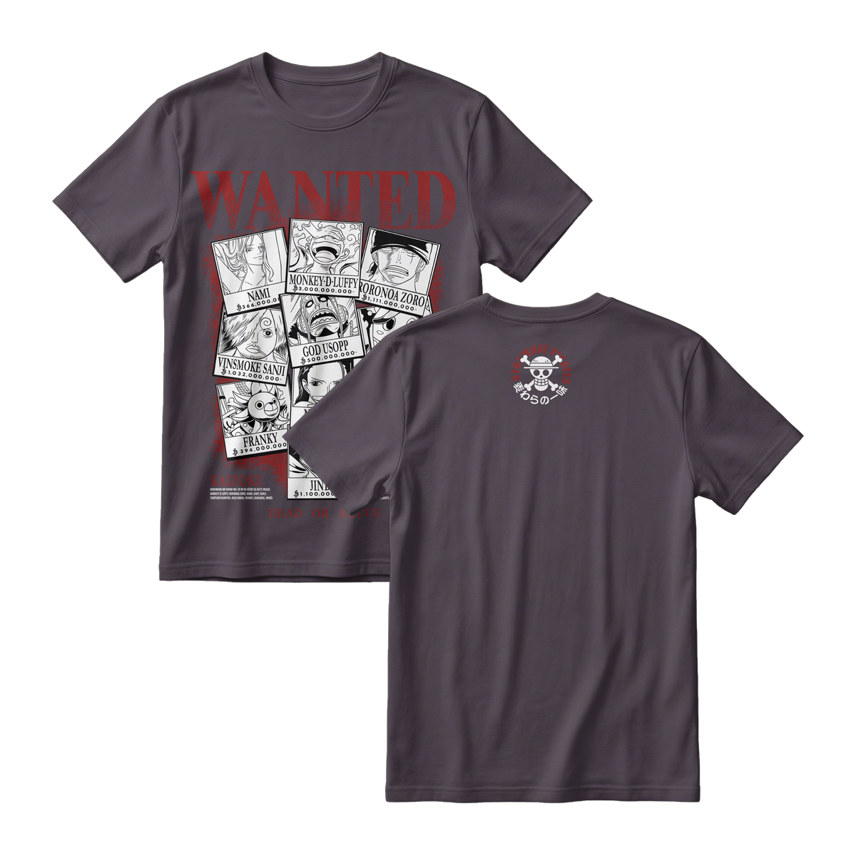 Anime One Piece Wanted Mugiwara Crew Short Sleeve Tee -  CHARCOAL
