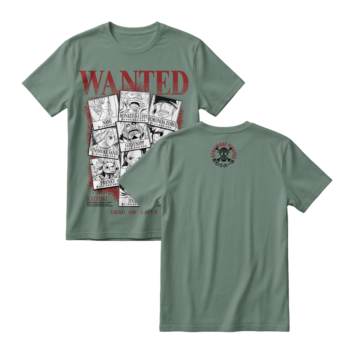 Anime One Piece Wanted Mugiwara Crew Short Sleeve Tee -  GREEN-ALGAE