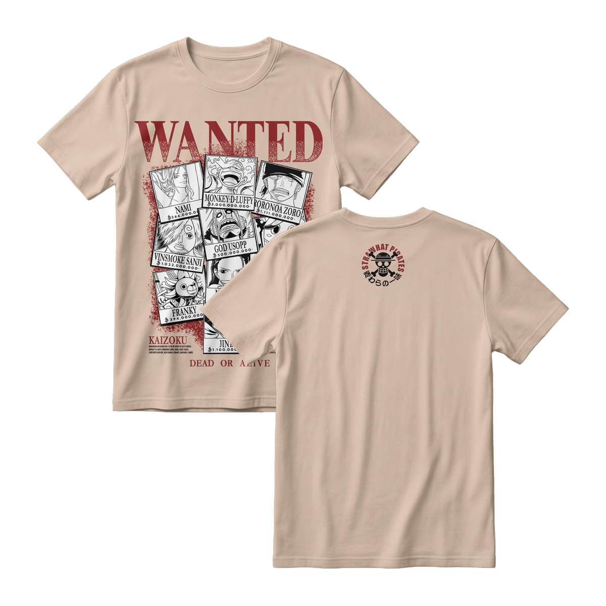 Anime One Piece Wanted Mugiwara Crew Short Sleeve Tee -  KHAKI