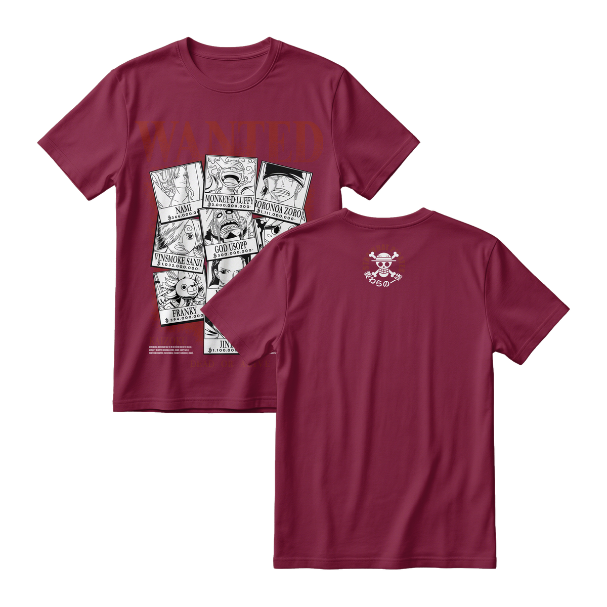 Anime One Piece Wanted Mugiwara Crew Short Sleeve Tee -  MAROON