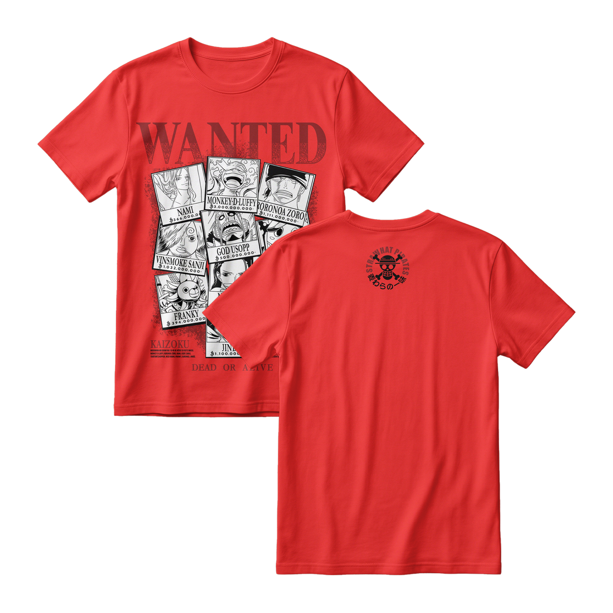 Anime One Piece Wanted Mugiwara Crew Short Sleeve Tee -  RED-CHILI