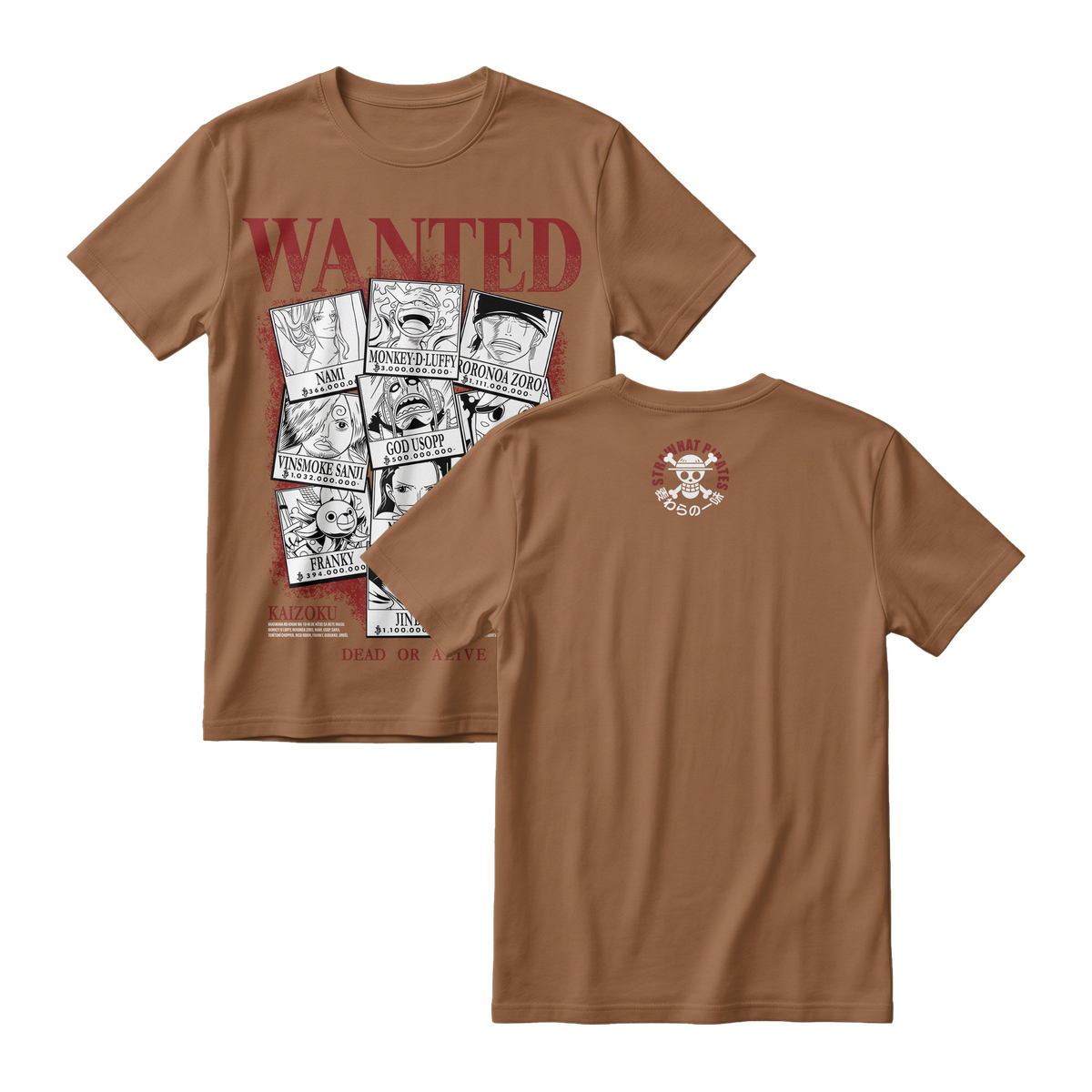 Anime One Piece Wanted Mugiwara Crew Short Sleeve Tee -  WALNUT