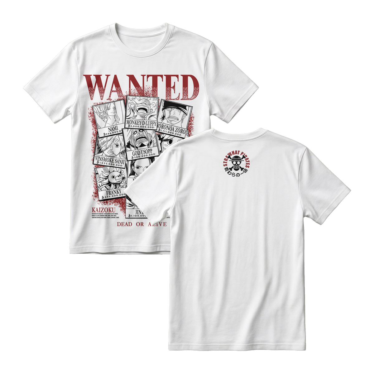 Anime One Piece Wanted Mugiwara Crew Short Sleeve Tee -  WHITE