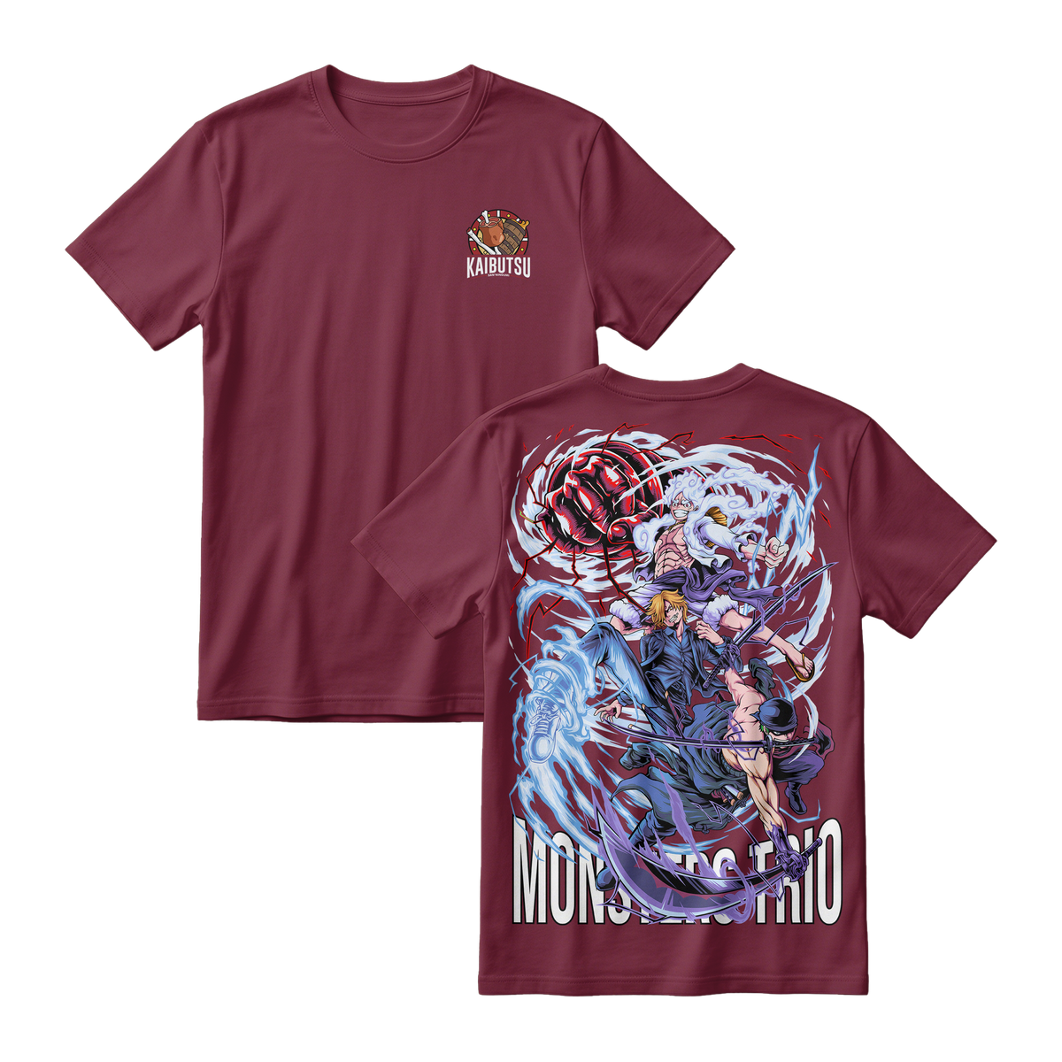 Anime One Piece Monster Trio Short Sleeve Tee - BURGUNDY