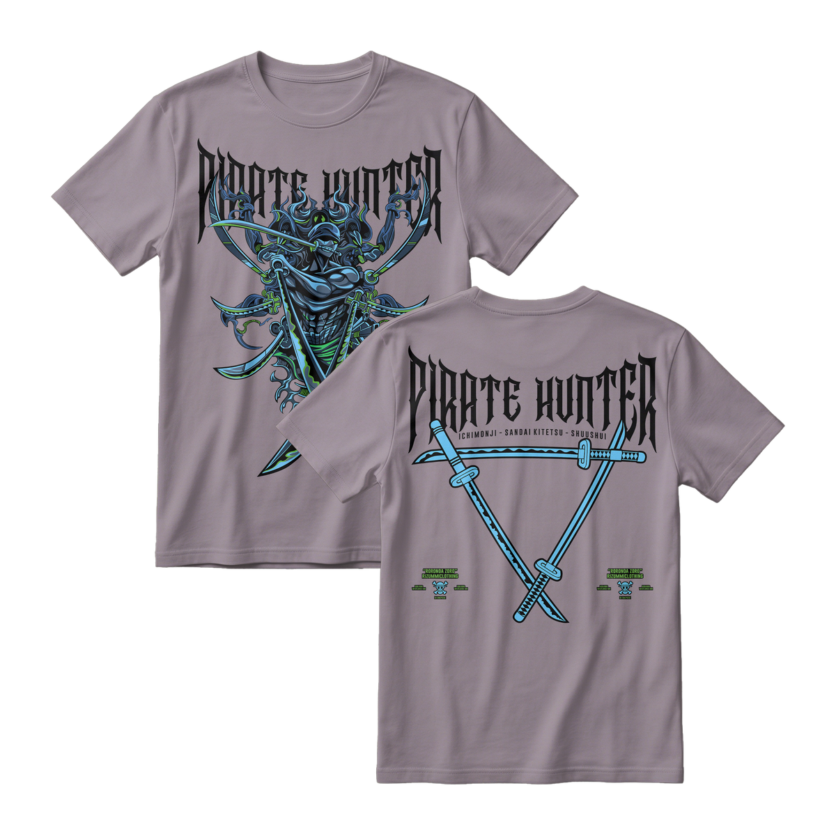 Anime One Piece Roronoa Zoro Pirates Hunter Short Sleeve Tee - ASPHALT-GREY