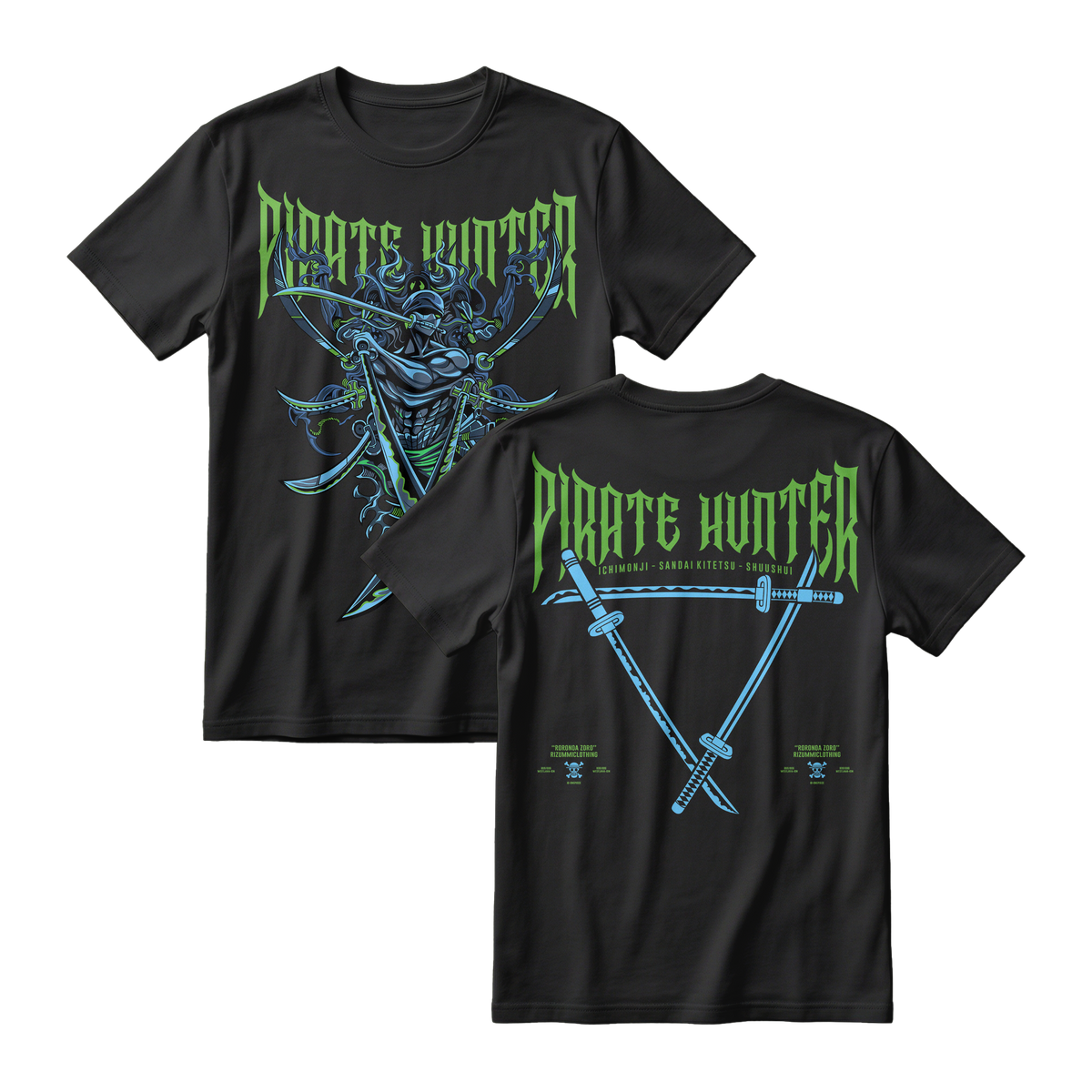 Anime One Piece Roronoa Zoro Pirates Hunter Short Sleeve Tee - BLACK