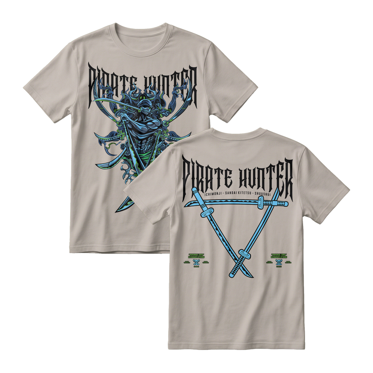Anime One Piece Roronoa Zoro Pirates Hunter Short Sleeve Tee - BONE