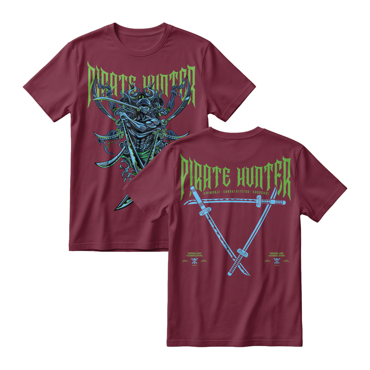 Anime One Piece Roronoa Zoro Pirates Hunter Short Sleeve Tee - BURGUNDY