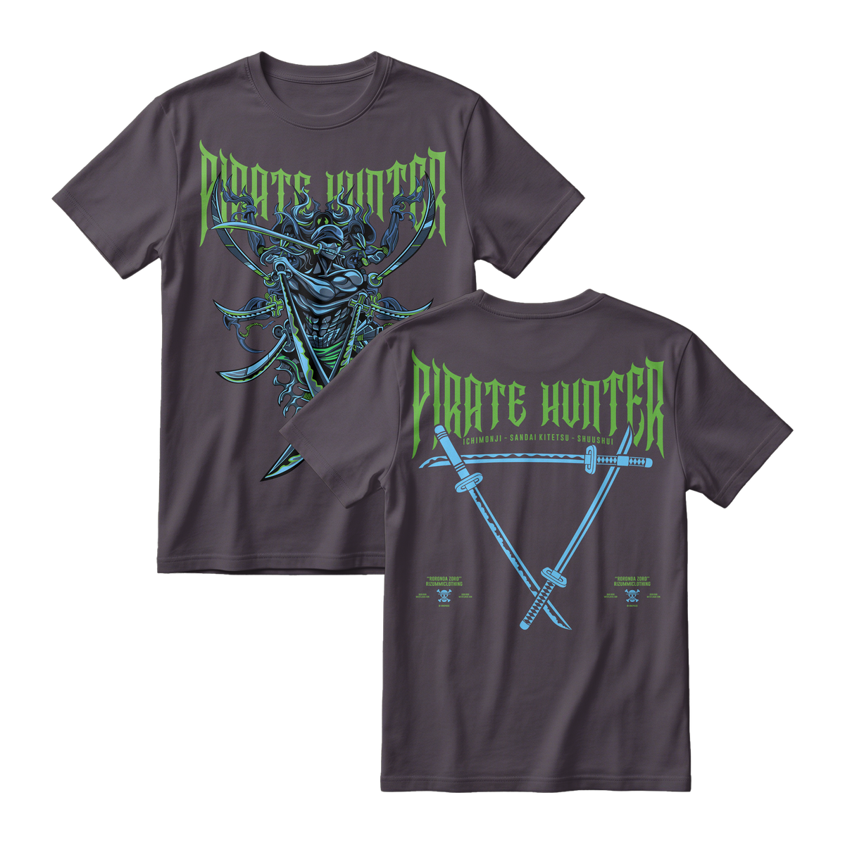 Anime One Piece Roronoa Zoro Pirates Hunter Short Sleeve Tee - CHARCOAL