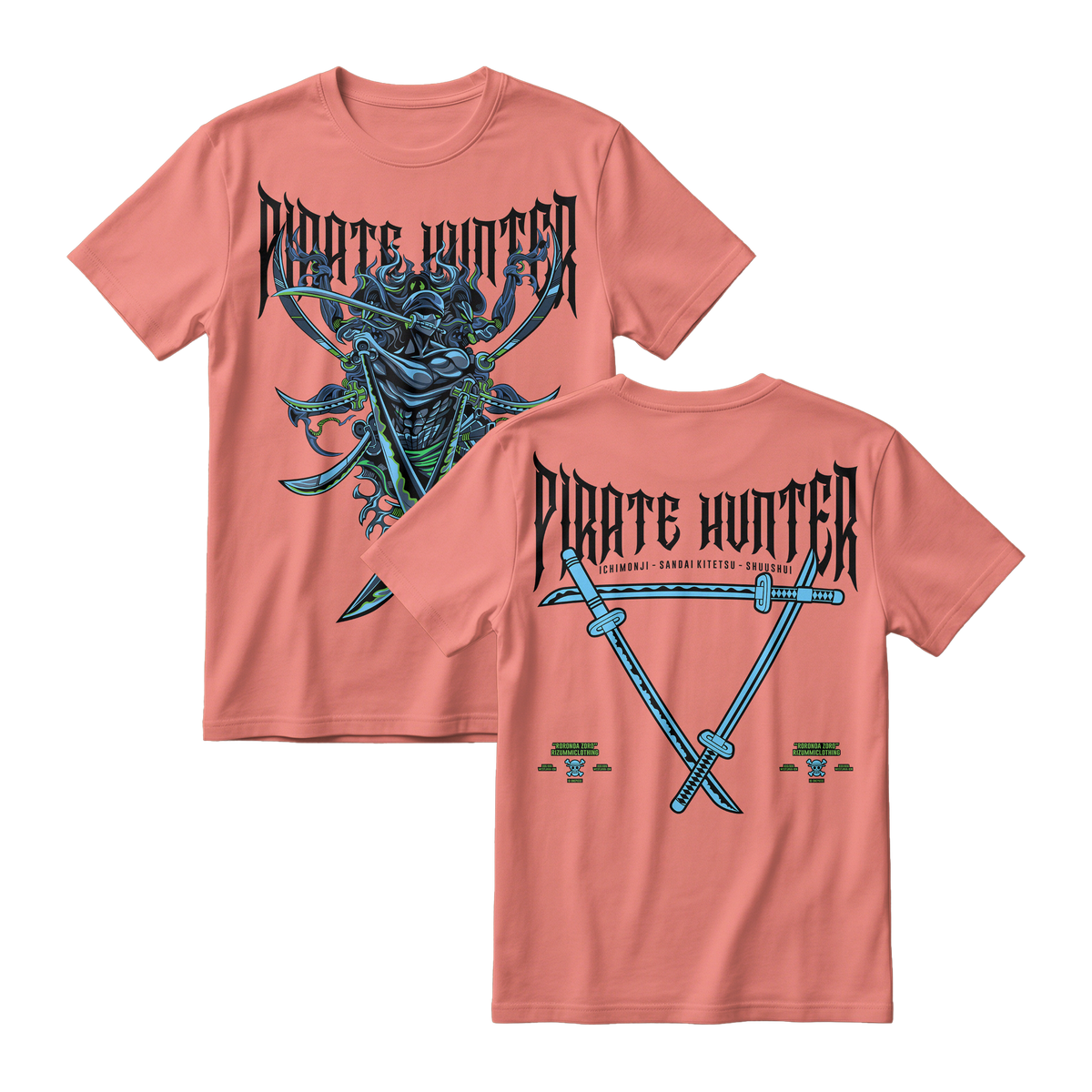 Anime One Piece Roronoa Zoro Pirates Hunter Short Sleeve Tee - CORAL