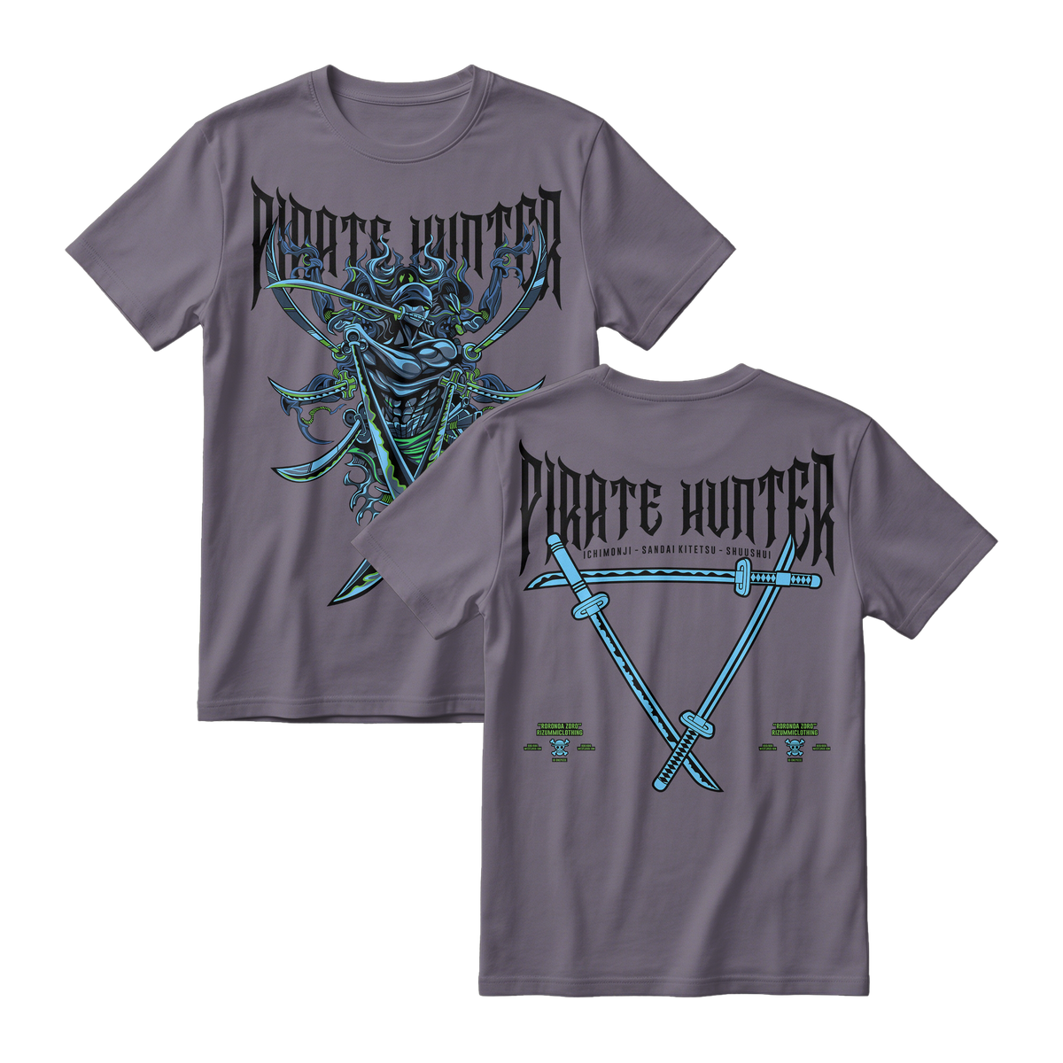 Anime One Piece Roronoa Zoro Pirates Hunter Short Sleeve Tee - DARK-GREY