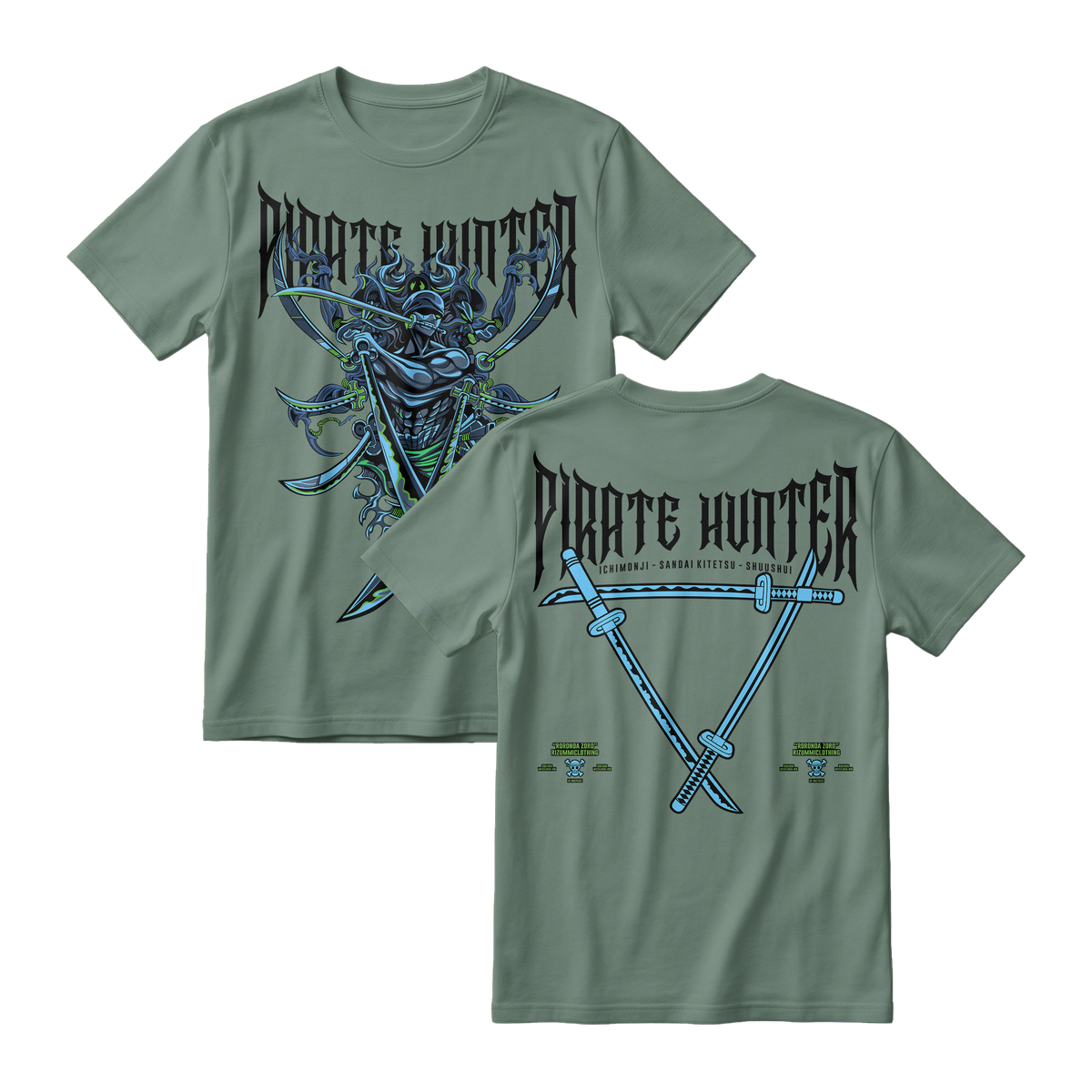 Anime One Piece Roronoa Zoro Pirates Hunter Short Sleeve Tee - GREEN-ALGAE