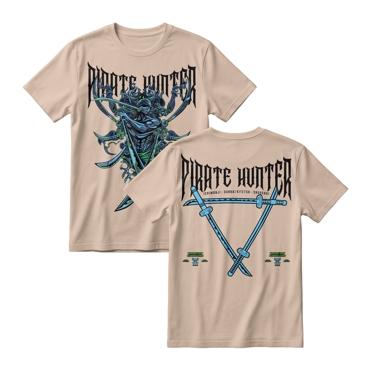 Anime One Piece Roronoa Zoro Pirates Hunter Short Sleeve Tee - KHAKI