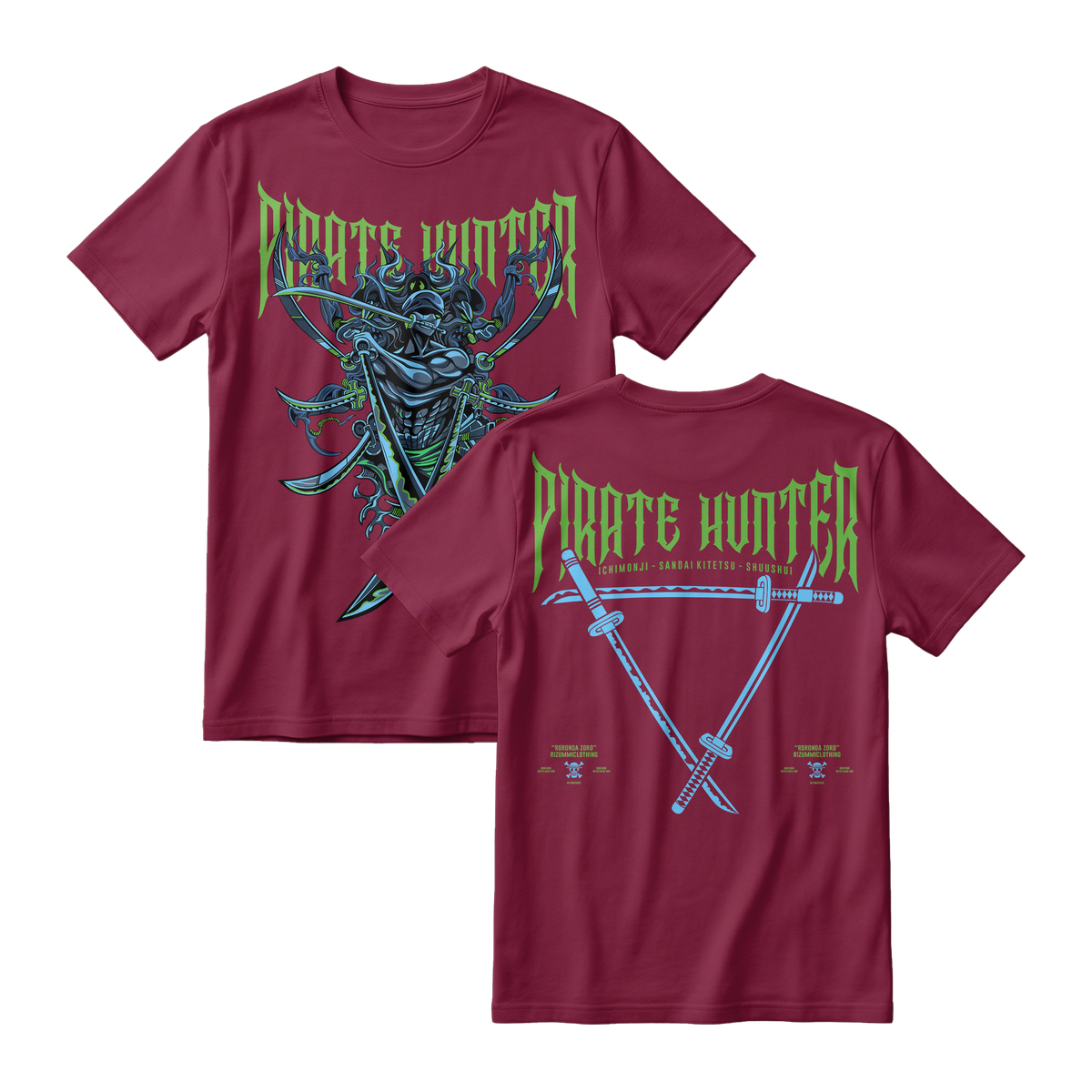 Anime One Piece Roronoa Zoro Pirates Hunter Short Sleeve Tee - MAROON