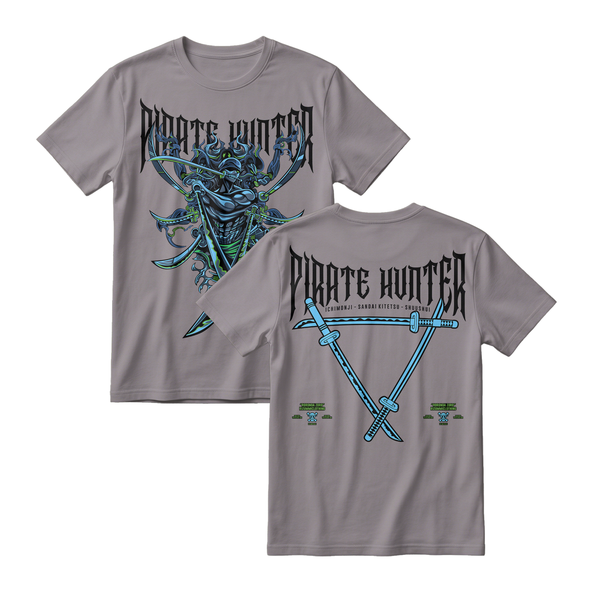 Anime One Piece Roronoa Zoro Pirates Hunter Short Sleeve Tee - SMOKE-GREY